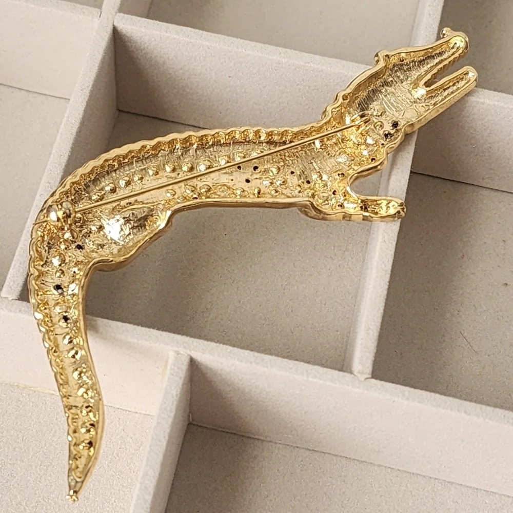 Large Statement Alligator Crocodile Austrian Crystal and Enamel Brooch Pin